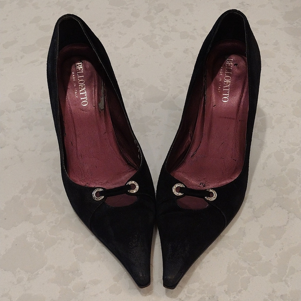 Bellofatto Stilettos Vintage Black Brushed Suede with Jewel Accents Size 8 Italy